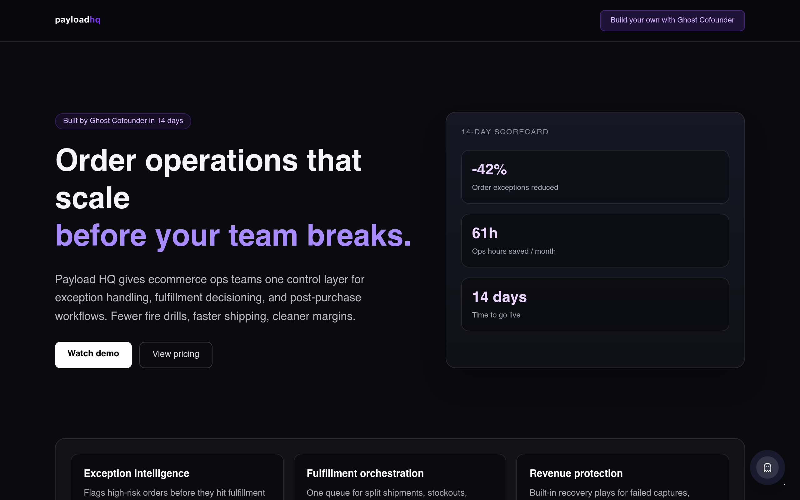 Screenshot of payloadhq.ghostcofounder.com
